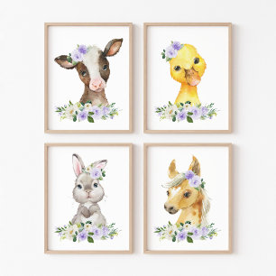 Landtiere, Stall, violette Blumen, neutrale Geschl Bilderwand Sets