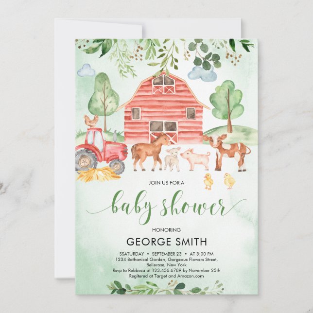 Landtiere Thema Grün Blätter Boy Baby Shower Einladung (Vorderseite)