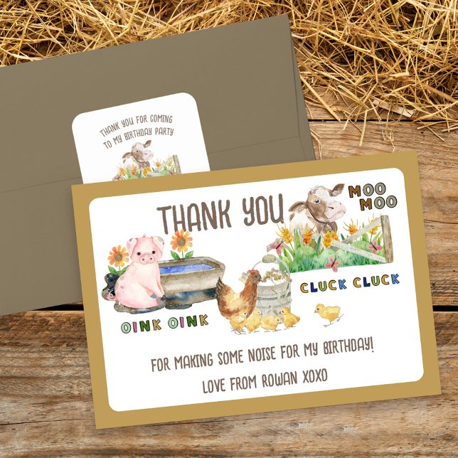 Landtiere und Geräusche Kindergeburtstag Dankeskarte (Thank You for Making some Noise for my Birthday (editable) Farm Themed Thank You Card)