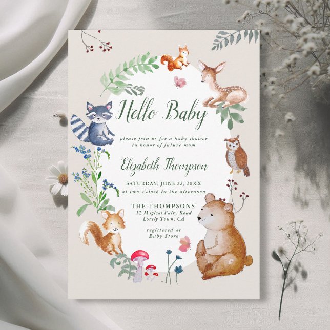 Landtiere verzauberte Wildblumen Kinderdusche Einladung (woodland baby shower invitation enchanted woods forest bear fox deer wildflowers magic blue green)