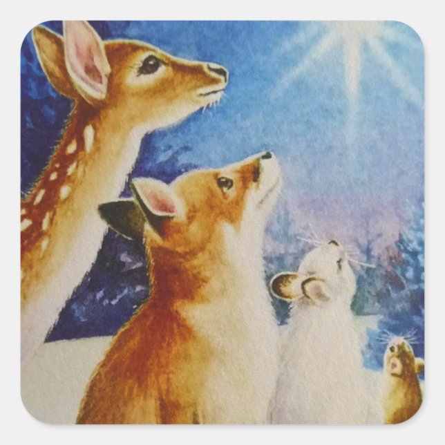 Landtiere Weihnachten Sterne Wasserfarben Kunst Quadratischer Aufkleber (Vorderseite)