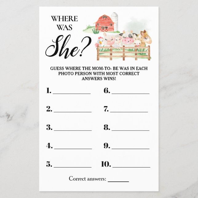Landtiere Wo war Mama Baby Shower Game Card Flyer (Vorne)