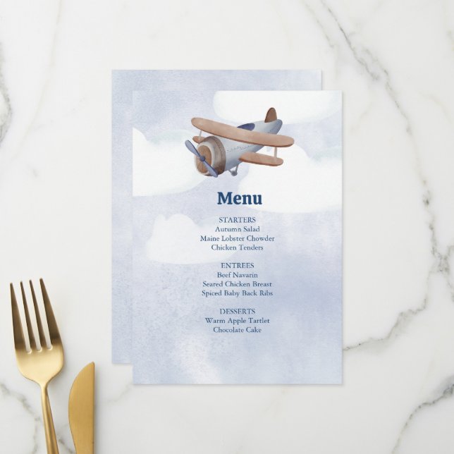 Landung bald Blue Boy Airplane Baby Dusche Menükarte (Vorderseite/Rückseite Beispiel)