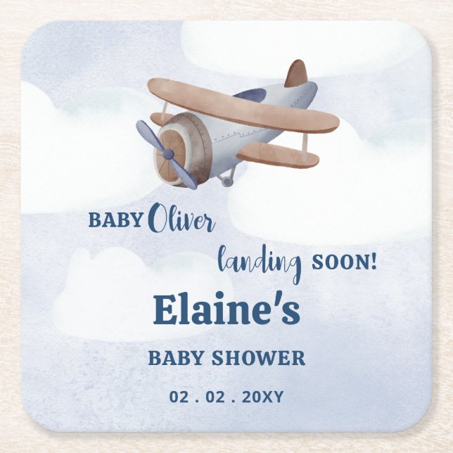 Landung bald Blue Boy Airplane Baby Dusche Rechteckiger Pappuntersetzer (Vorderseite)