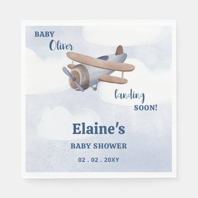 Landung bald Blue Boy Airplane Baby Dusche Serviette (Vorderseite)