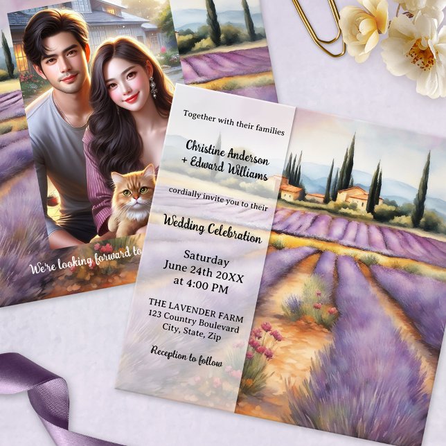 Landverheiratung mit Lavendel im Mittelmeerraum Einladung (Mediterranean wedding invitation showing a painting of the country side with lavender farm + QR code)