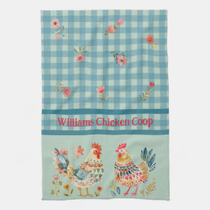 Landvolk-Volkskunst-Hühner auf blauem Gingham-Karo Geschirrtuch
