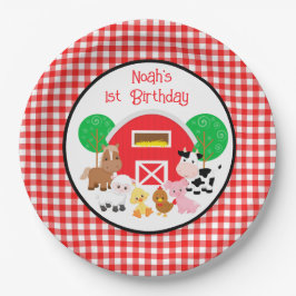 Landwirtschaftlich inspirierte rote Gingham-Geburt Pappteller