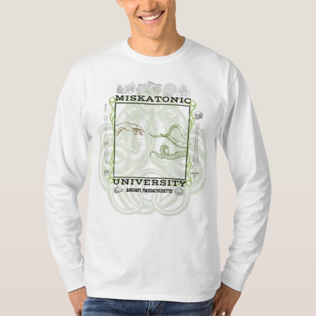 Lang schlafender T - Shirt mit der Miskatonic Univ (Vorderseite)