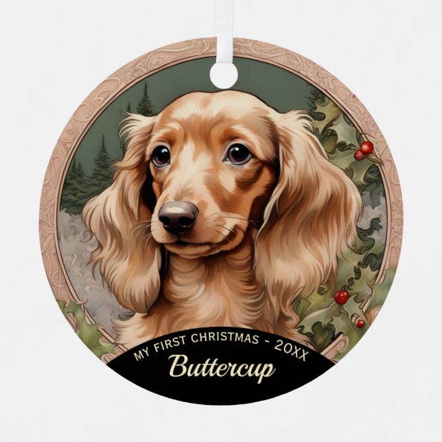 Lange Haare Dackel Welpe's First Christmas Ornament Aus Metall (Vorderseite)
