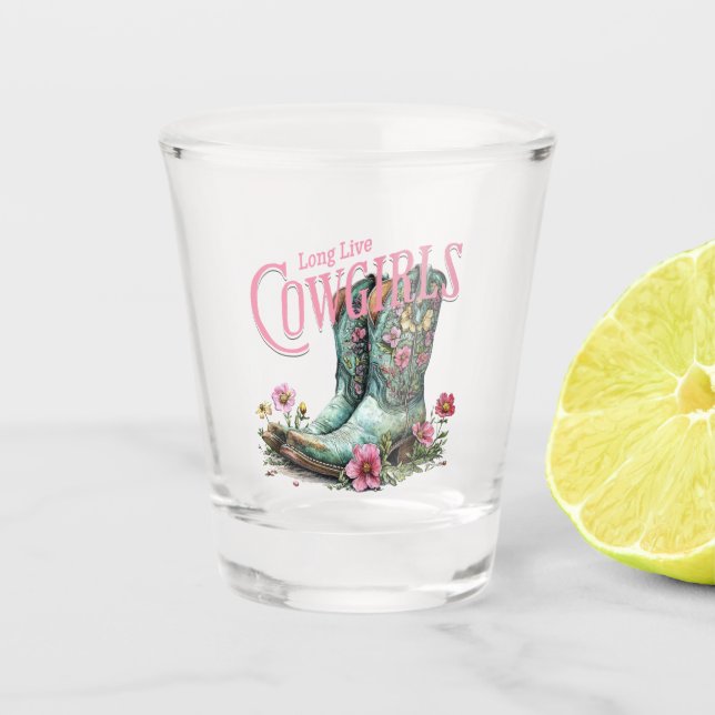 Lange Live-Cowgirls Blumencowboy Stiefel Schnapsglas (Vorderseite)