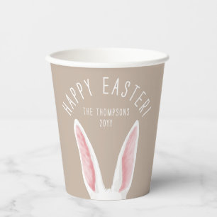 Lange weiße Hasenohren auf beigem Frohe Ostern Pappbecher