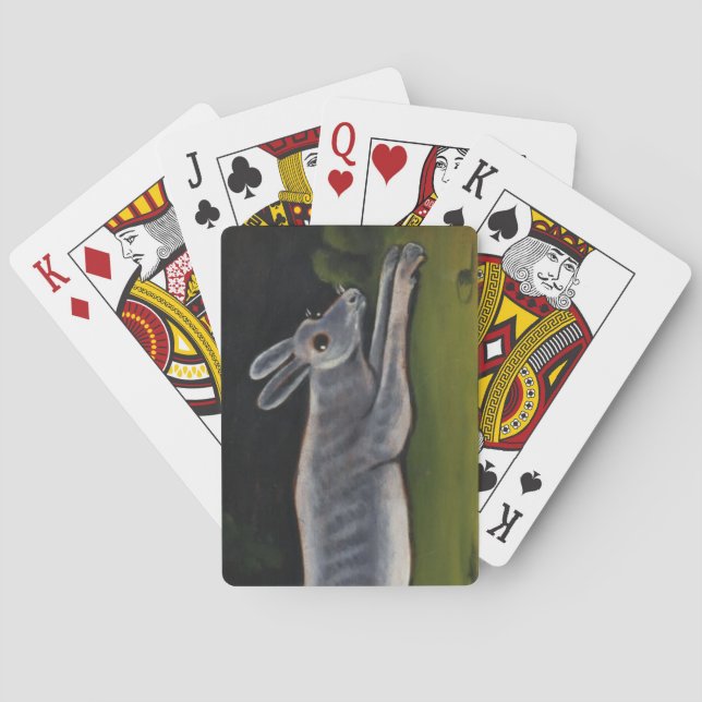 Langes graues Kaninchen springt über Felder Spielkarten (Rückseite)