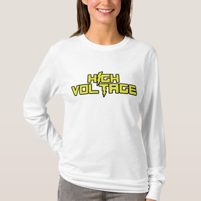Langes Hülse V-Hals HochspannungsShirt (weiß) T-Shirt (Vorderseite)