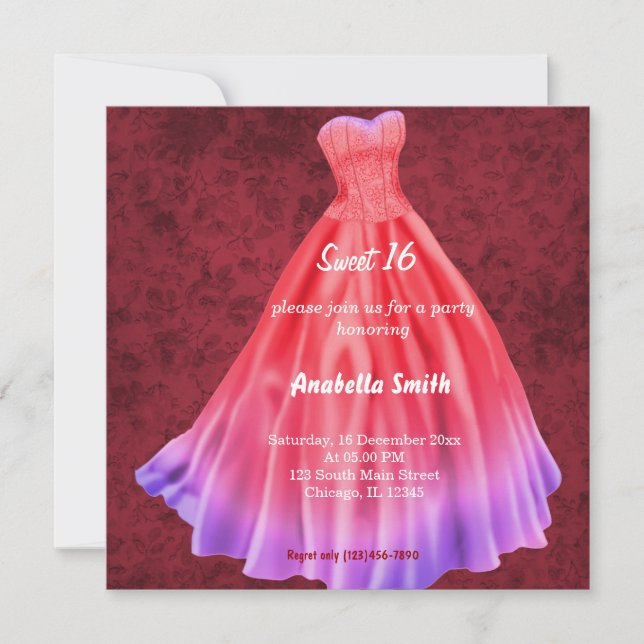 Langes Kleid Sweet 16 (Red) Einladung (Vorderseite)