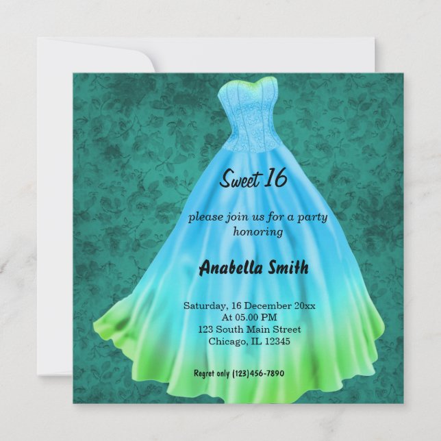 Langes Kleid Sweet 16 (Türkis) Einladung (Vorderseite)
