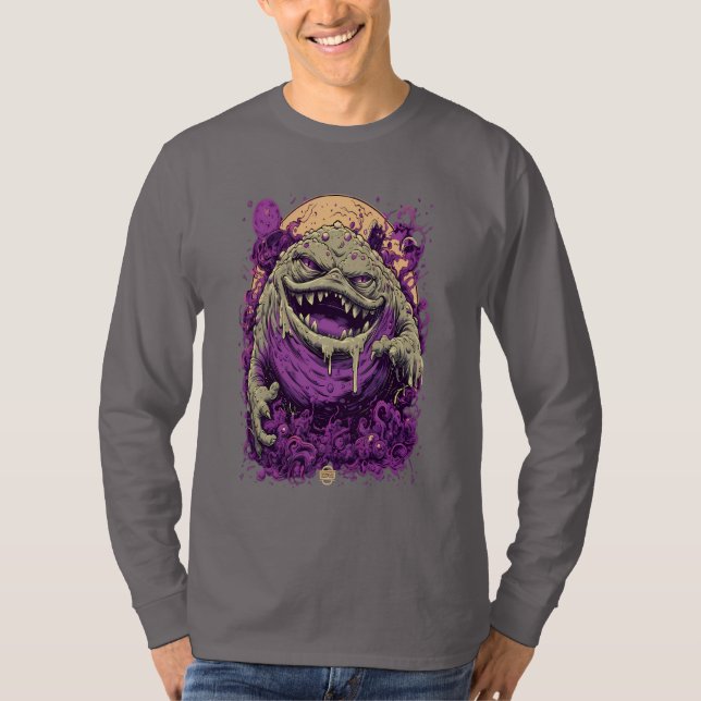 Langes T-Shirt mit dunklem Comic-Monster in Lila (Vorderseite)