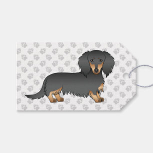 Langhaar-Dachshund-Cartroon-Hund mit schwarzem und Geschenkanhänger