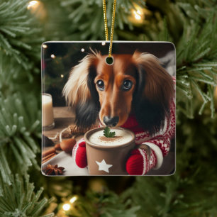 Langhaar-Dachshund-Christbaumschmuck Keramikornament