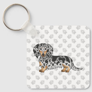 Langhaar-Dachshund mit schwarzer und brauner Dalma Schlüsselanhänger