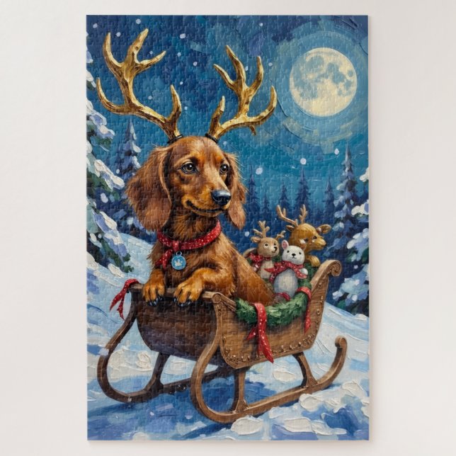 Langhaar-Dachshund-Rentier-Schlitten (Vertikal)