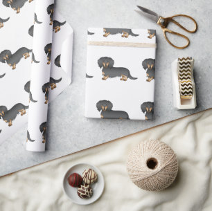 Langhaar Dachshund Schwarz & Tan Süßes Hundemuster Geschenkpapier
