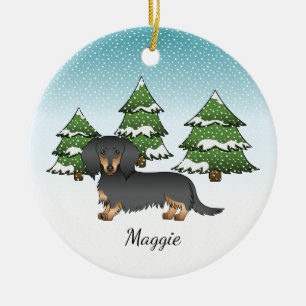 Langhaar-Dachshund Schwarz & Tan - Winterwald Keramik Ornament