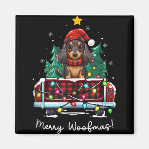 Langhaar-Dachshund-Weihnachts-Hund-LKW-Karo-Fu Magnet