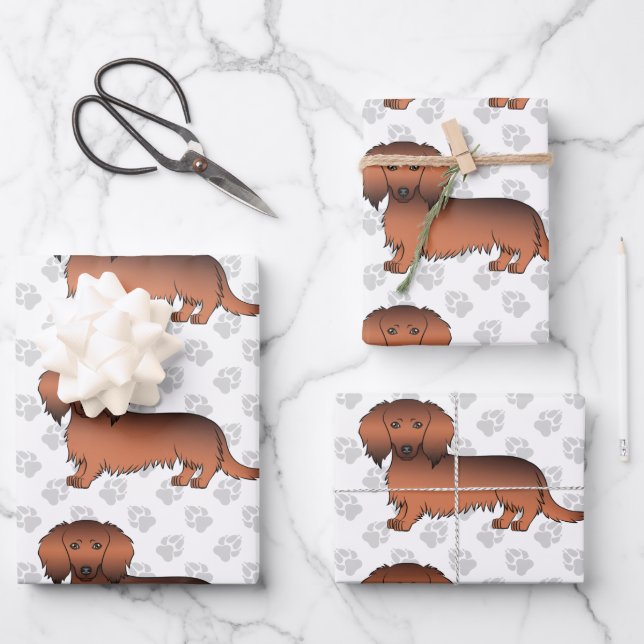 Langhaar-Dackel mit rotem Sand, Muster und Pfoten Geschenkpapier Set (Vorderseite)