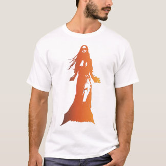 Langhaarfrau in orangefarbener Silhuette T-Shirt