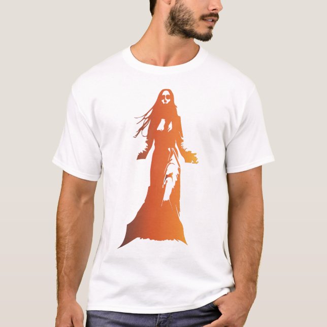 Langhaarfrau in orangefarbener Silhuette T-Shirt (Vorderseite)