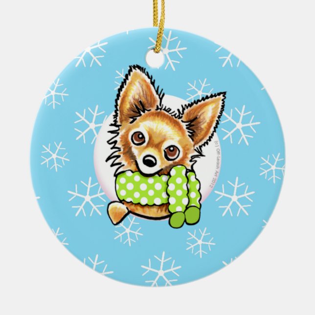 Langhaarige Chihuahua Lass es schneien Keramikornament (Vorne)
