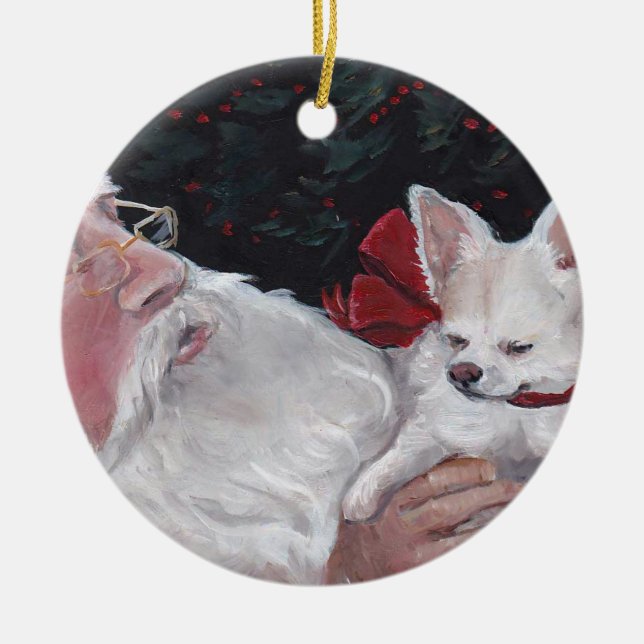 Langhaarige Chihuahua& Sankt Hundekunst-Verzierung Keramikornament (Vorne)