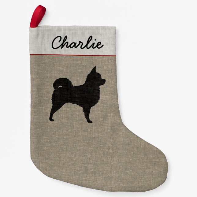 Langhaarige Chihuahua-Silhouette mit Text Kleiner Weihnachtsstrumpf (Vorderseite)