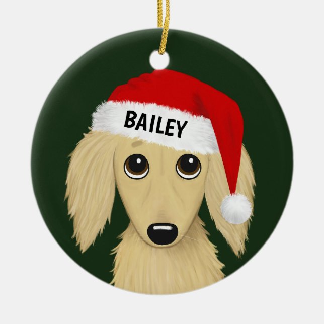 Langhaarige Creme Dackel Santa Hunde nach Maß Keramik Ornament (Vorne)