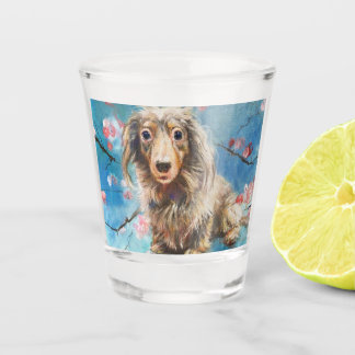 Langhaarige Dackel in Kirschblüten Schnapsglas