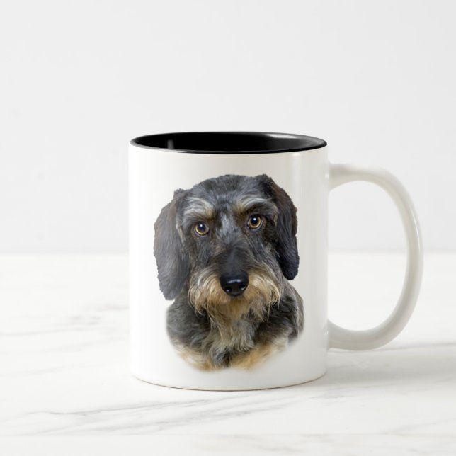 Langhaarige Dackel-Porträt-Geschenke Zweifarbige Tasse (Rechts)