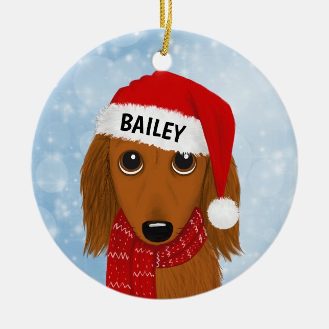 Langhaarige Dackel Santa Dackel Individuelle Name Keramik Ornament (Vorne)