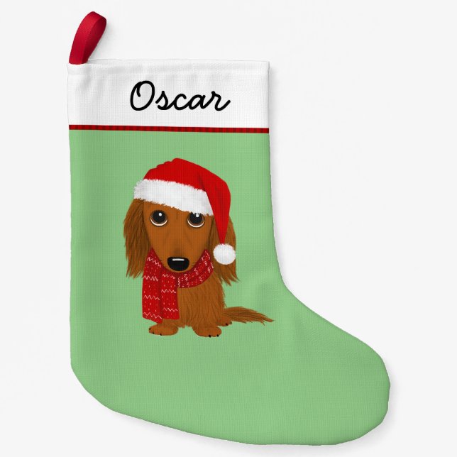 Langhaarige Dackel Santa Niedliche Dackel Hund Kleiner Weihnachtsstrumpf (Vorderseite)