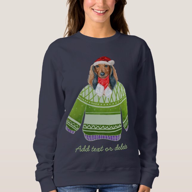 Langhaarige Dackel Ugly Christmas Weiner Dog Mama Sweatshirt (Vorderseite)
