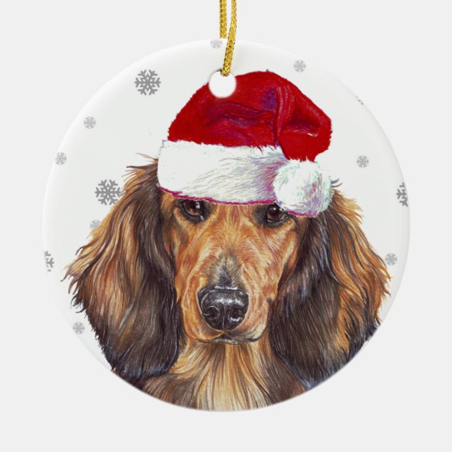 Langhaarige Dackel - Weihnachtsmannmütze Weihnacht Keramik Ornament (Vorne)