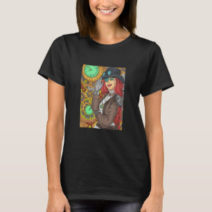 Langhaarige Dampfpunk-Frau mit Uhren und Uhren T-Shirt
