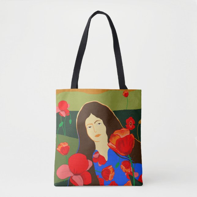 Langhaarige Frau auf Mohnfeld Tasche (Vorderseite)