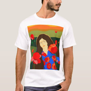 Langhaarige Frau, die auf dem roten Mohnfeld spazi T-Shirt