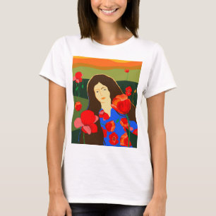 Langhaarige Frau, die auf Mohnfeld geht Frauen T-Shirt