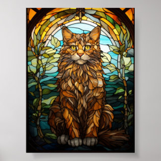 Langhaarige getigerte Katze Buntglasfenster Feline Poster