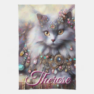 Langhaarige graue Katze mit personalisierten Juwel Geschirrtuch