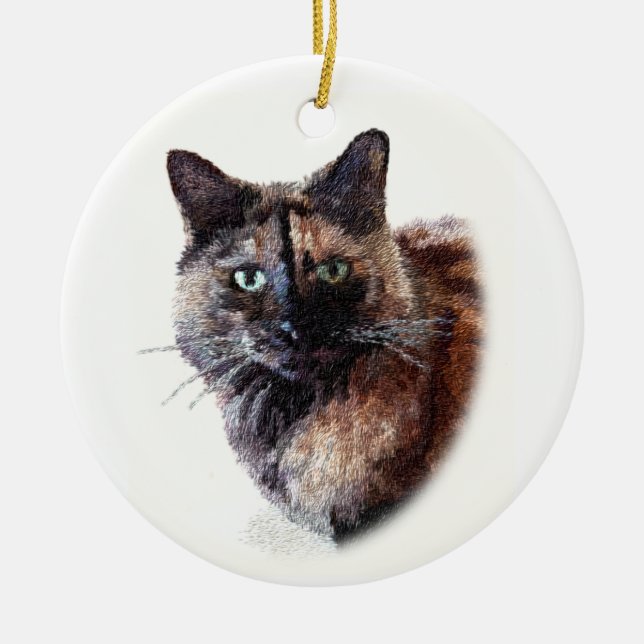 Langhaarige Schildpatt-Katzen-Verzierung Keramikornament (Vorne)