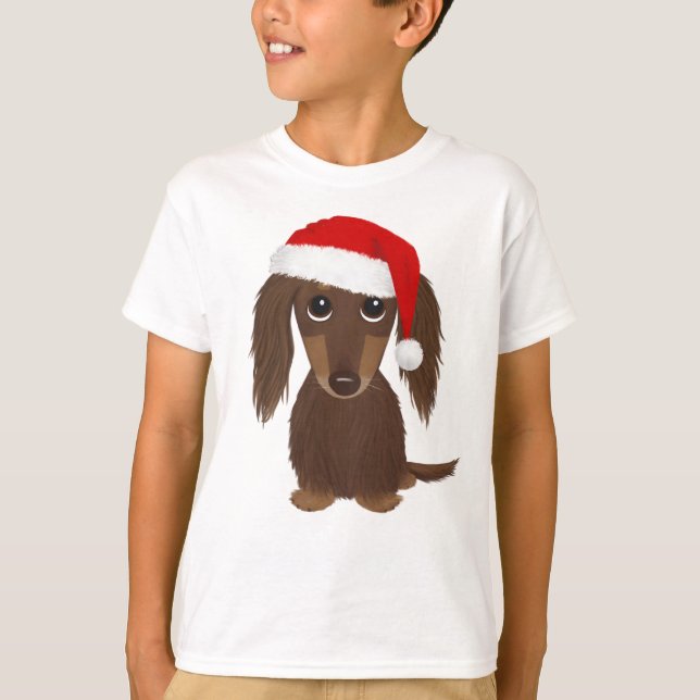 Langhaarige Schokolade Dackel Weihnachten T-Shirt (Vorderseite)