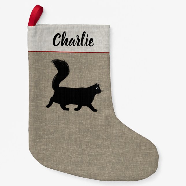Langhaarigen schwarze Katzen-personalisierten Kleiner Weihnachtsstrumpf (Vorderseite)
